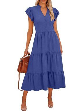 Caracilia Women's Deep Blue Neck Button Ruffle Sleeve Flowy Beach Midi Dress